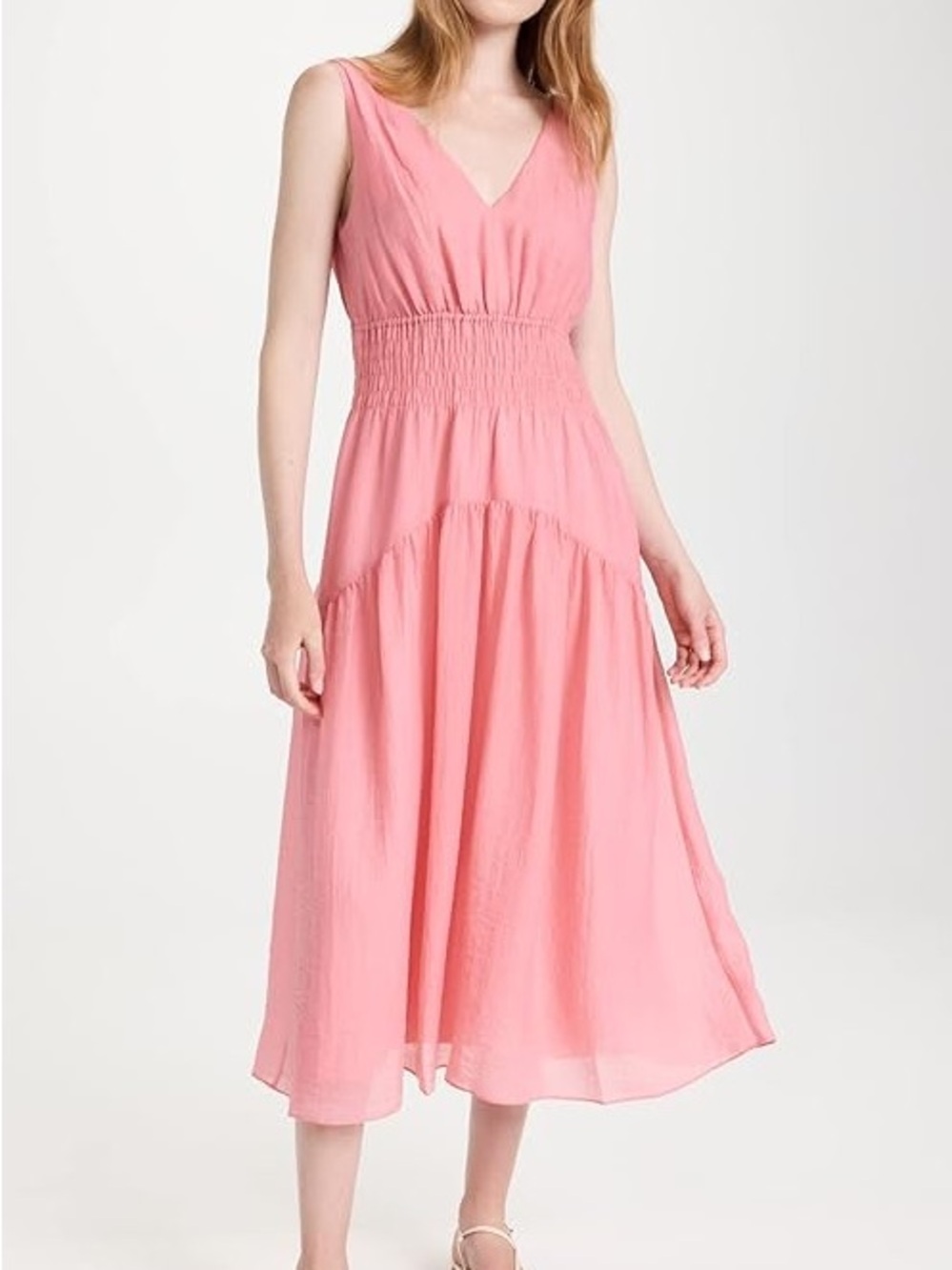 VINCE Women’s Sleeveless V-Neck Smocked Midi Dress in Rosetta Pink Color